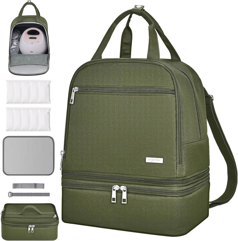 DERJUNSTAR Store Derbiedersinn Breast Pump Bag, Compatible with Spectra Pumps, Insulated Carrying Case with Cooler for Milk Storage, Travel, Work, Daycare，Green - Image 1